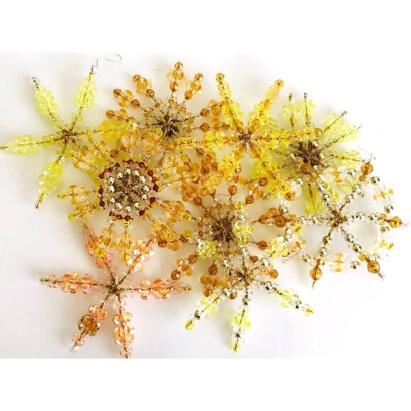 9 Vintage Plastic Crystal Beaded Ornaments Handmade Snowflakes Gold Yellow 5